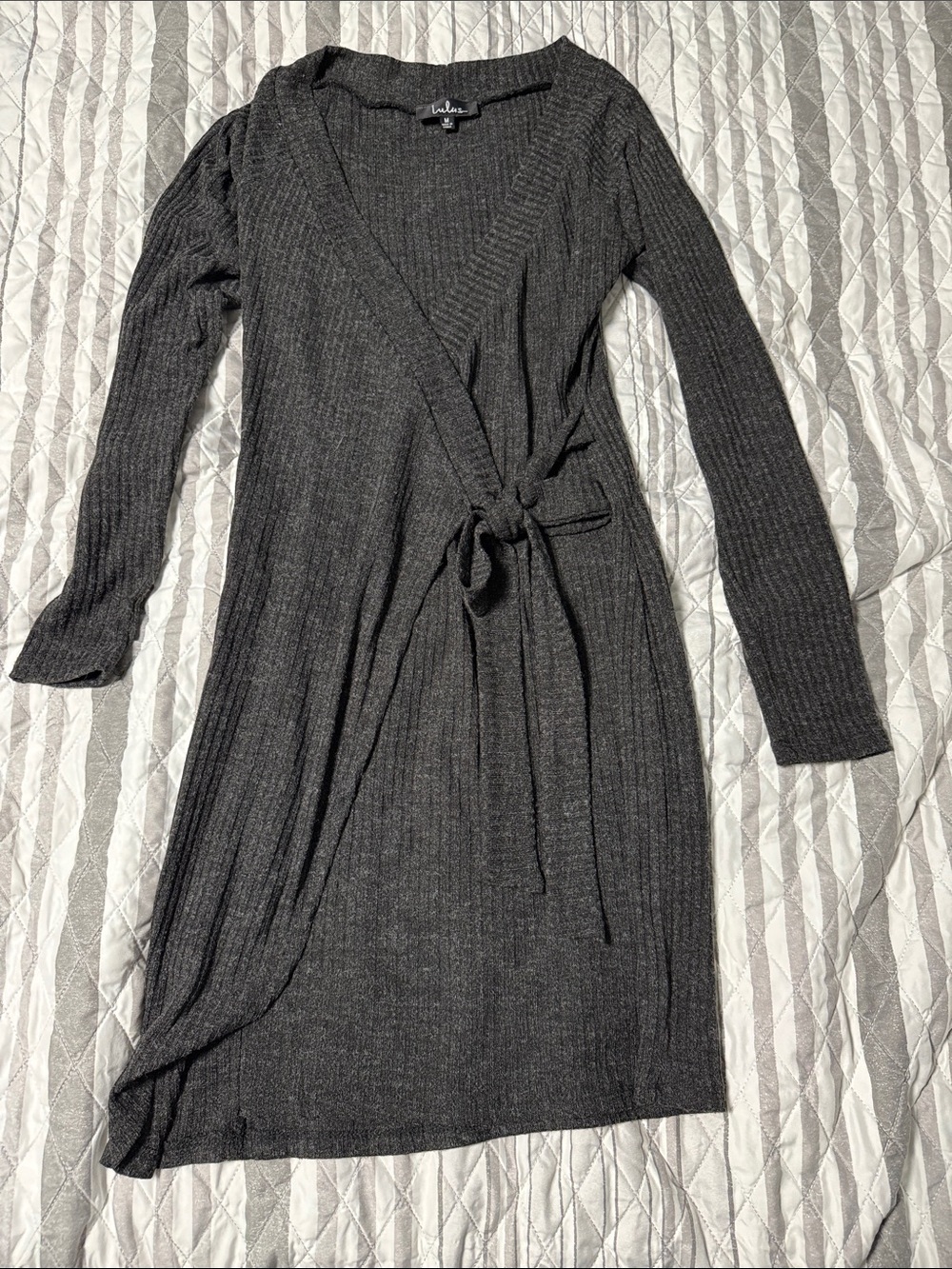 Lulu's Charcoal Ribbed Wrap Dress with Tie - Long Sleeve